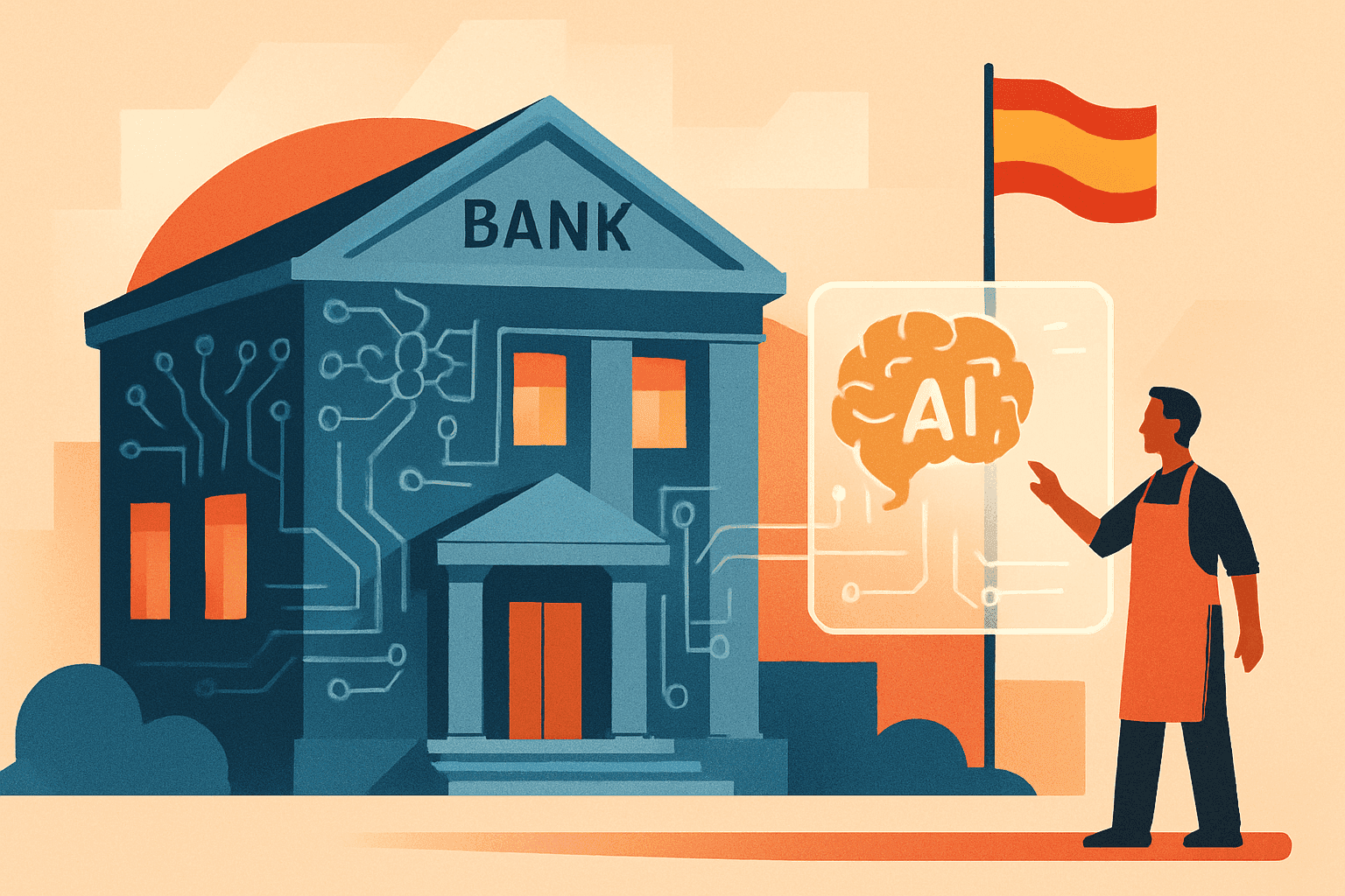 Ilustración moderna que representa la inteligencia artificial transformando la banca para pymes en España, con elementos digitales y un empresario interactuando con una interfaz holográfica.